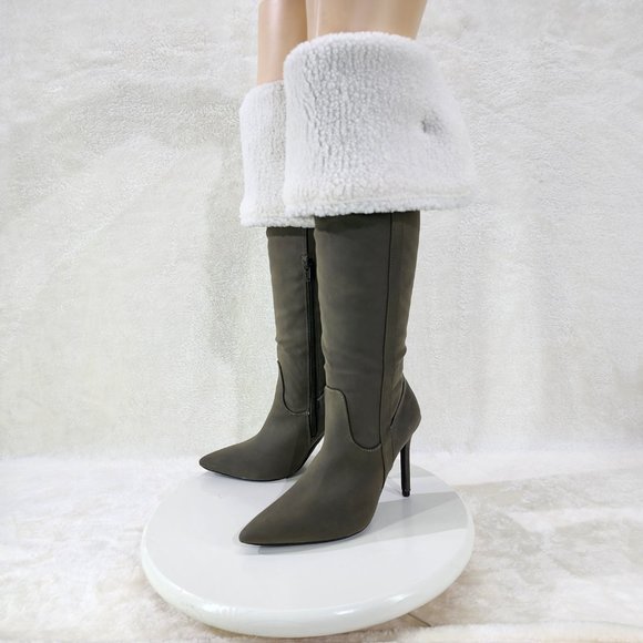 Olive Green Fluffy Fleece Lined  Fold Under / Over the Knee Pointy Toe Boots - Picture 12 of 13